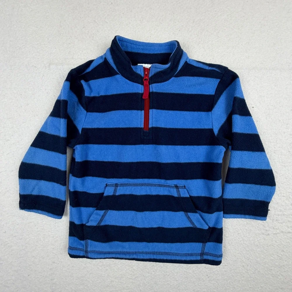Hanna Andersson Boys Blue Striped Fleece Quarter Zip Pullover Size 100 3T 4T